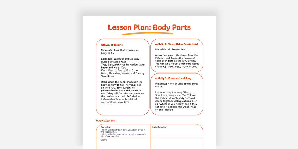 Lesson plan for teaching about body parts in an engaging way.