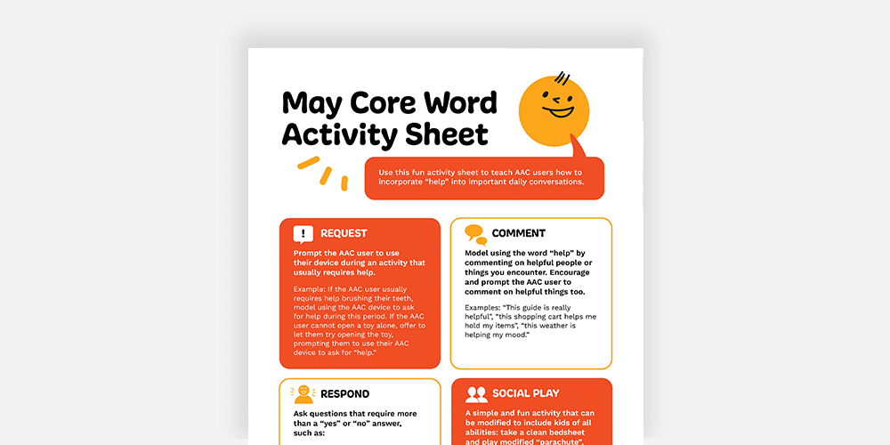 May core word activity sheet for enhancing speech development skills.