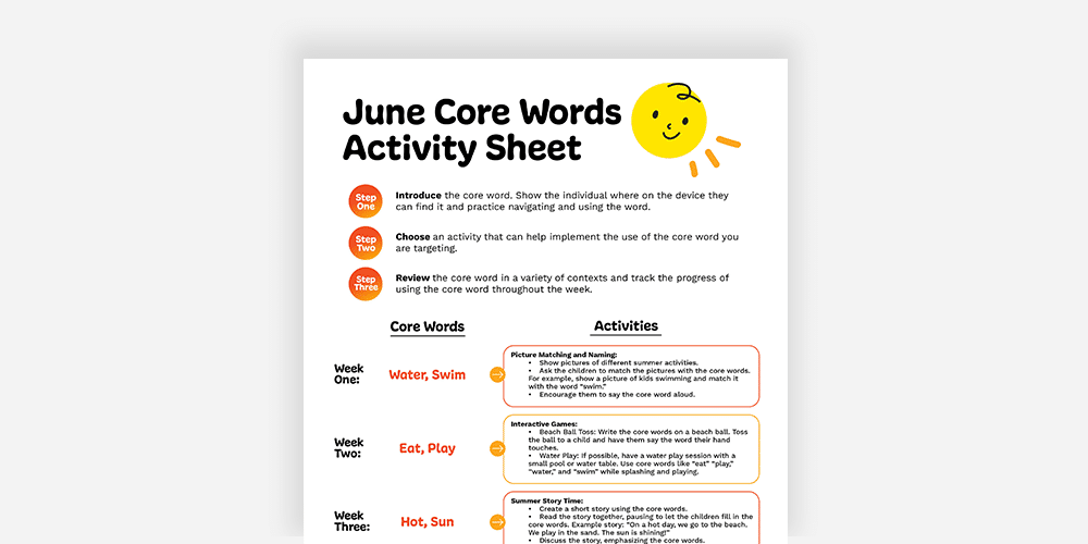 June activity sheet for kids featuring core words and engaging activities.