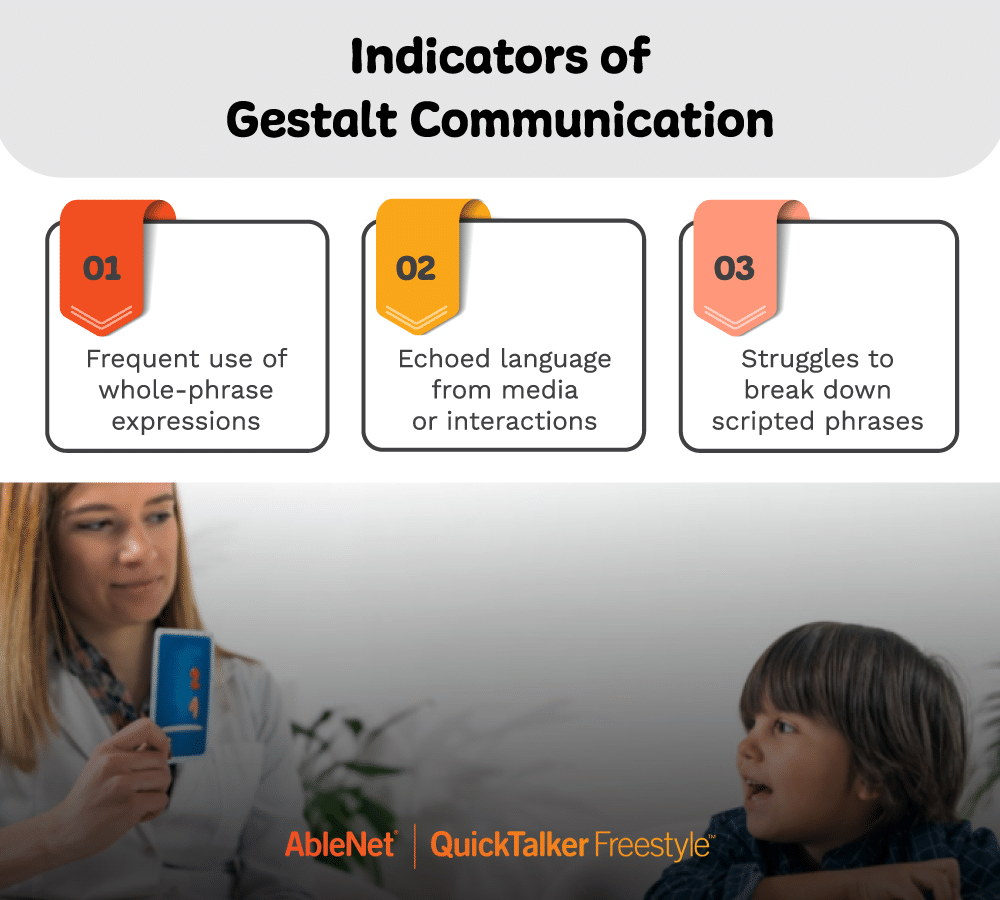 Indicators of Gestalt Communication: whole phrases, echoed language, and struggles with scripted phrases.