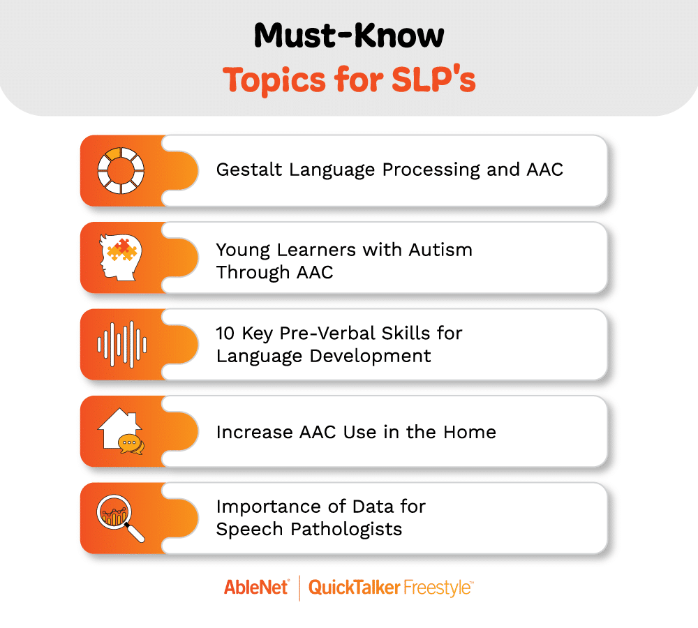 Essential topics for speech pathologists, including AAC and language development skills.
