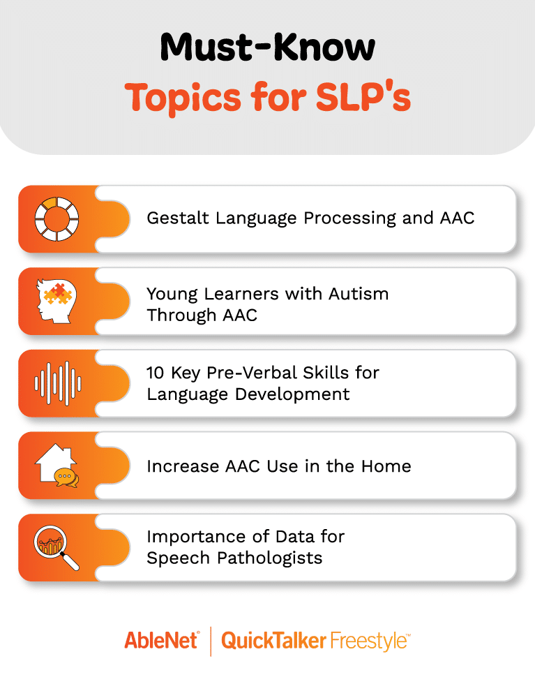 Essential topics for speech-language pathologists, including AAC and language development strategies.