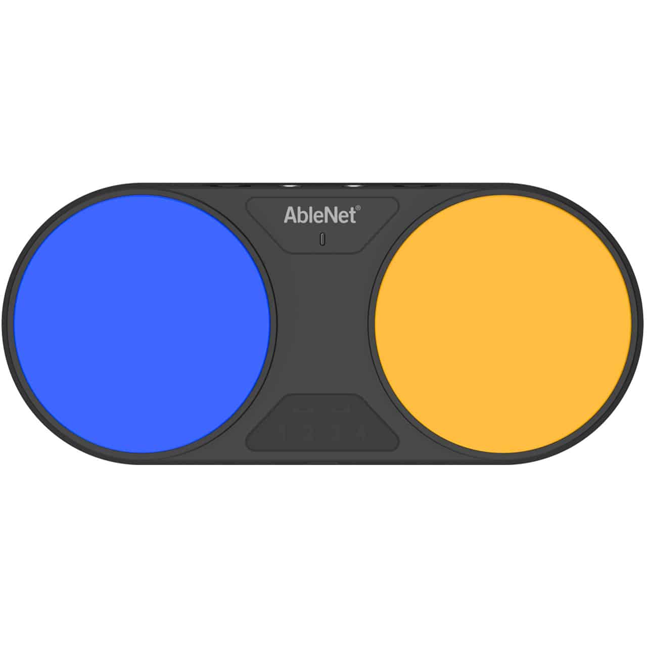 AbleNet switch device with blue and yellow buttons for accessibility and communication.