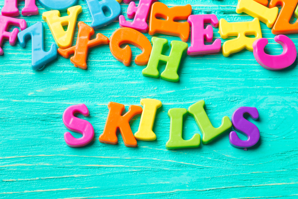 Colorful alphabet letters highlight early learning and essential vocabulary skills.