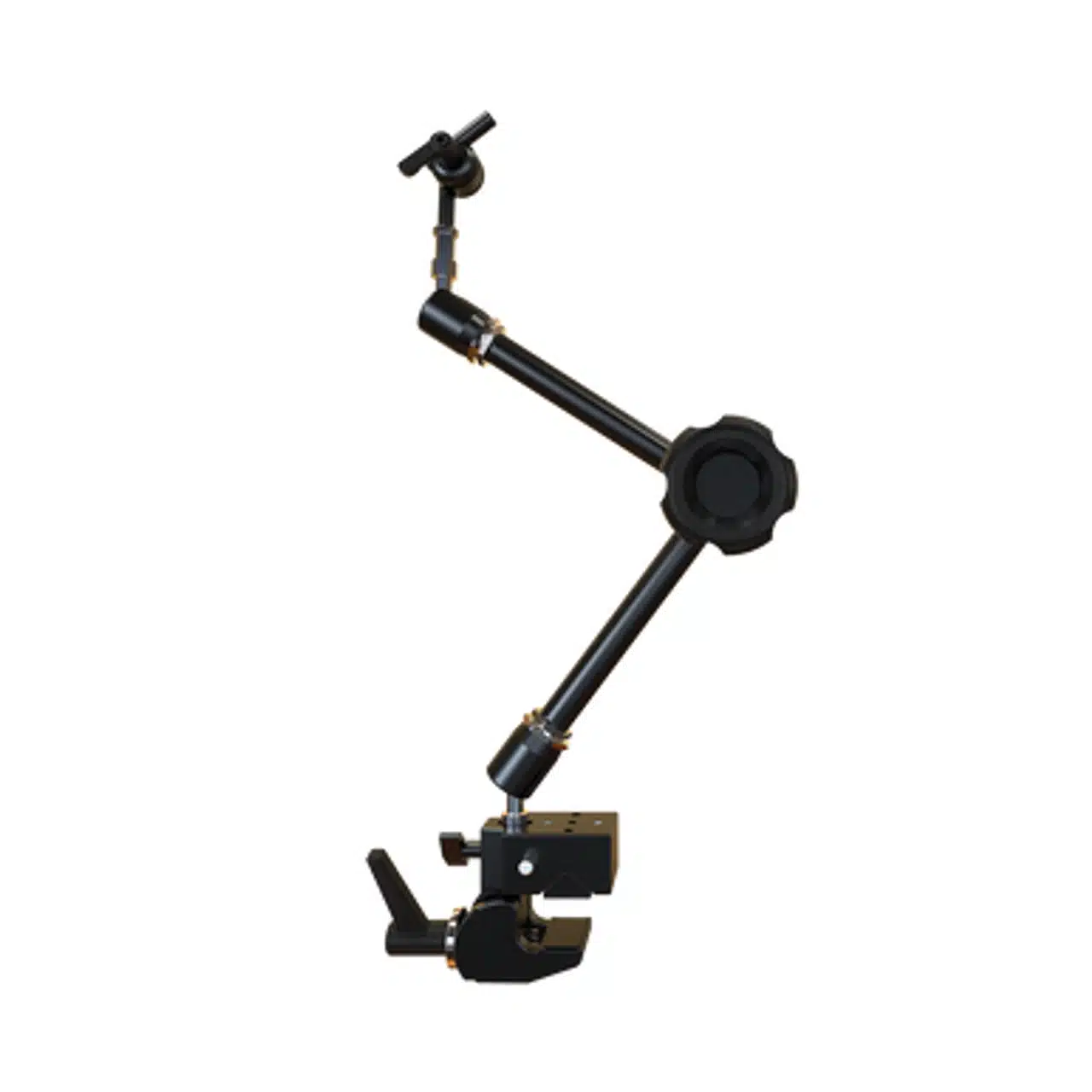 Adjustable microphone arm mount for optimal positioning during recording and broadcasting.