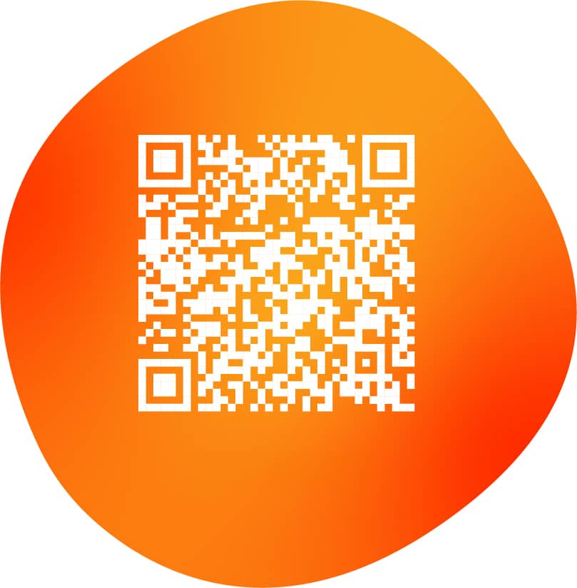 Orange background with a white QR code for easy scanning and access.
