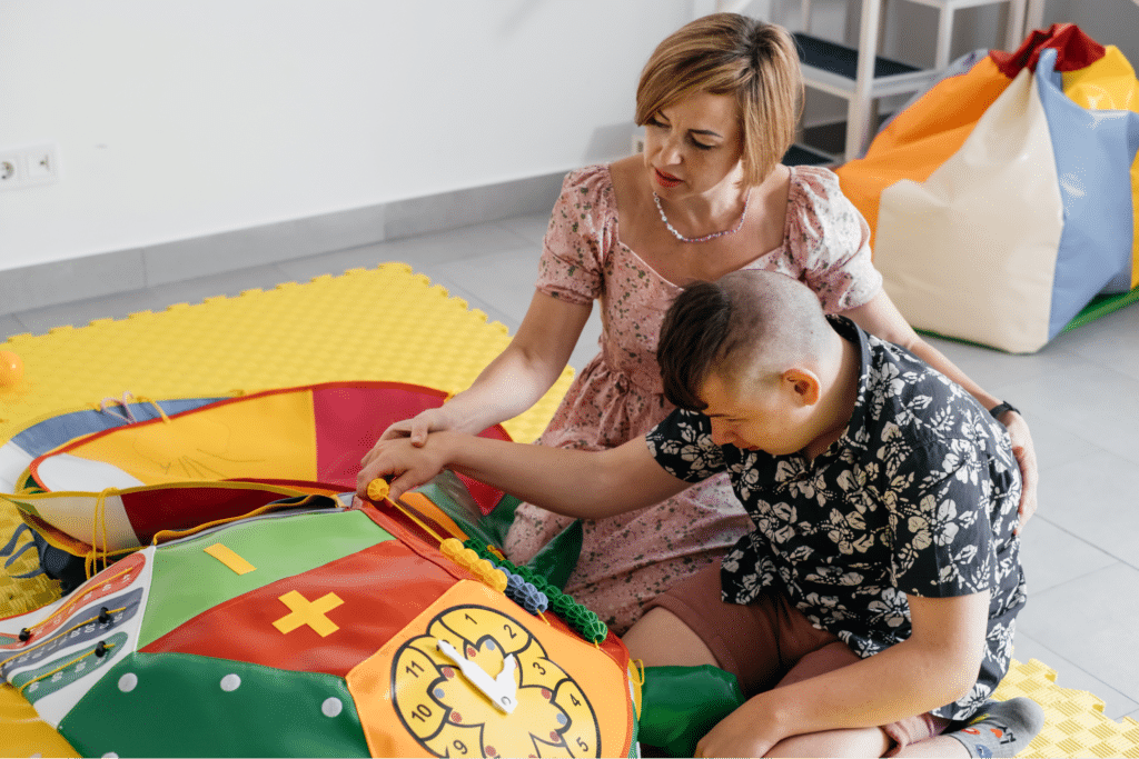 Parents and children enjoying engaging learning activities through playful exploration and interaction.