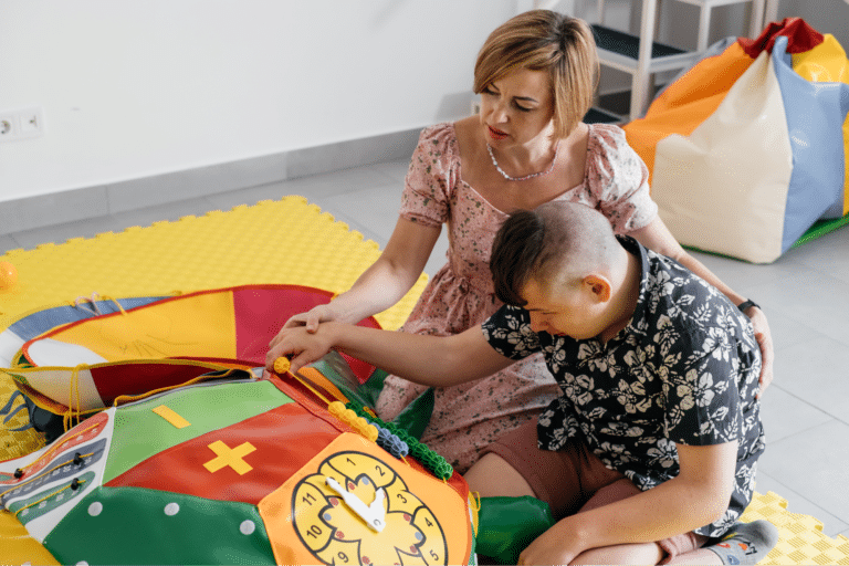 Parents and children enjoying engaging learning activities through playful exploration and interaction.