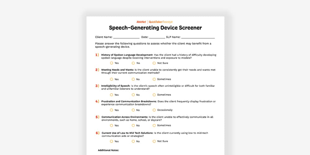 Speech Generating Device Screener for assessing communication needs and technology use.