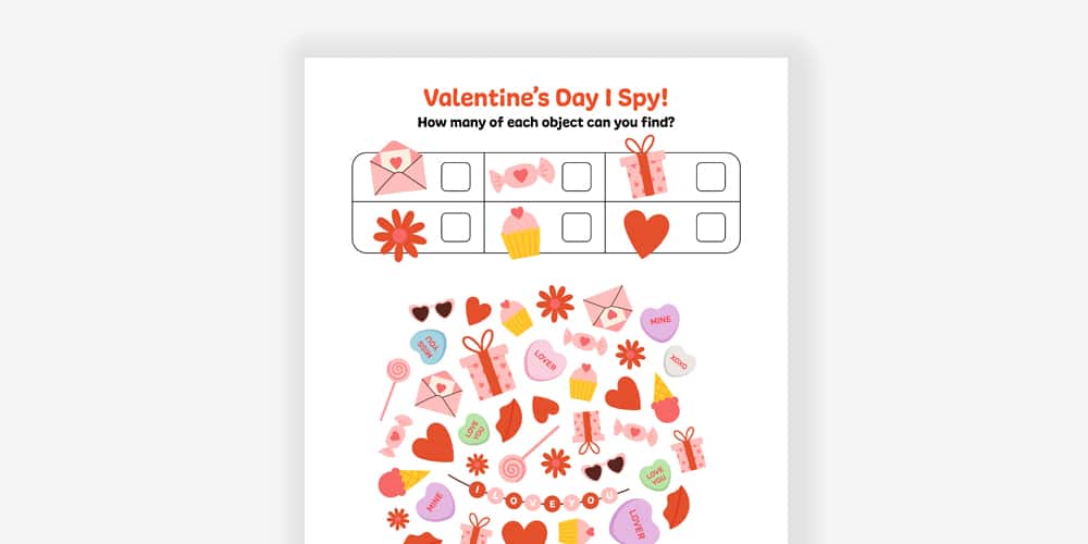 Valentines Day I Spy game featuring festive icons and fun activities for kids.