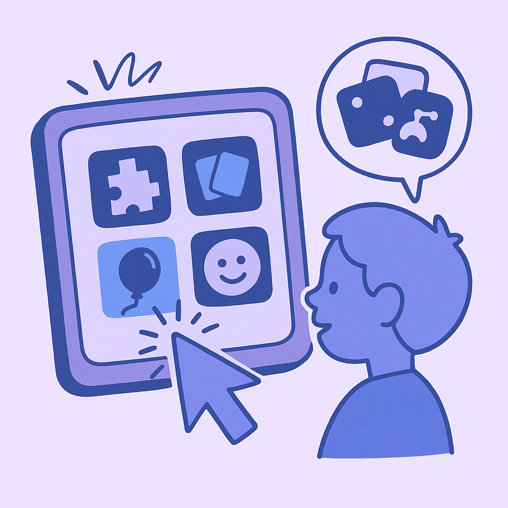 Child engaged with interactive game screen featuring puzzles and colorful icons.