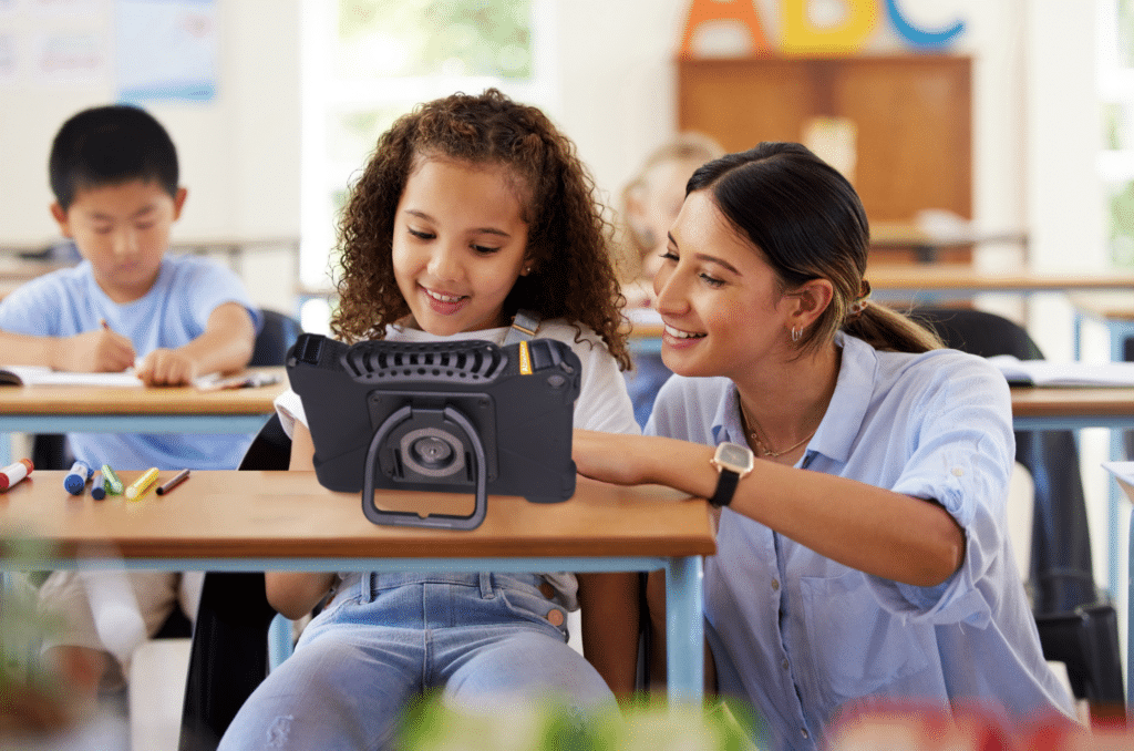 Child using AAC speech apps in the classroom