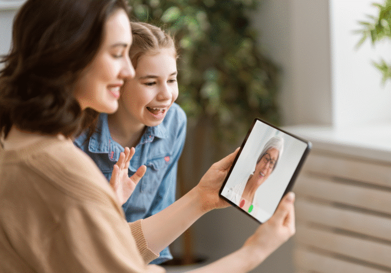 Connecting with loved ones through joyful video calls.