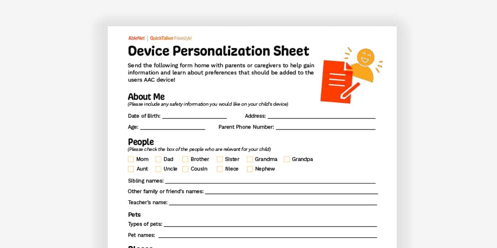 Device personalization form for AAC users to gather essential information and preferences.