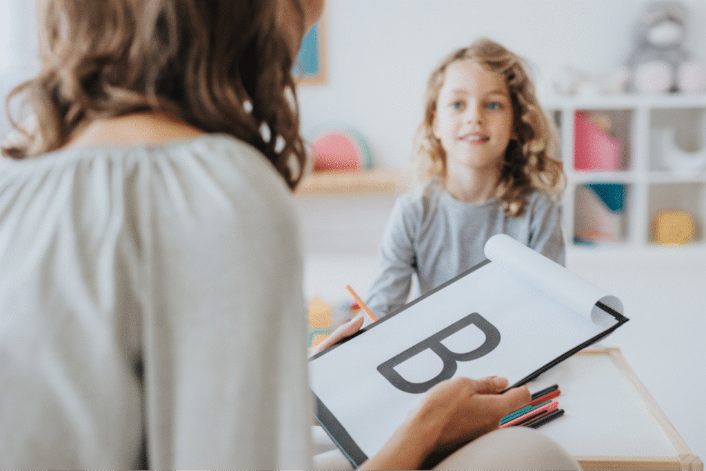 Private practice speech therapy activities at a home.