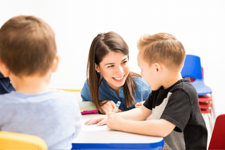Teacher and student share a joyful interaction during engaging classroom activities.