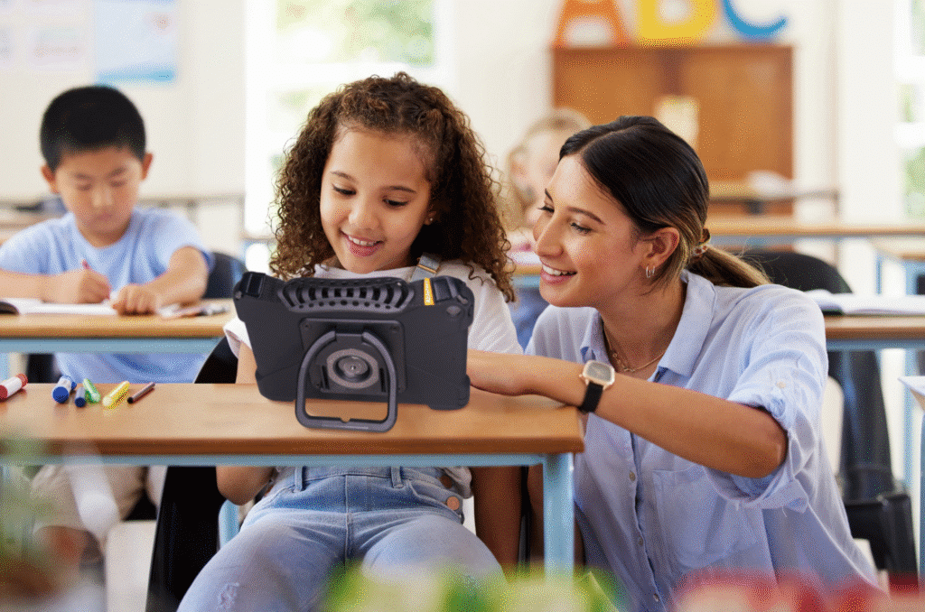 Teacher and student engaging with technology in a dynamic classroom setting.