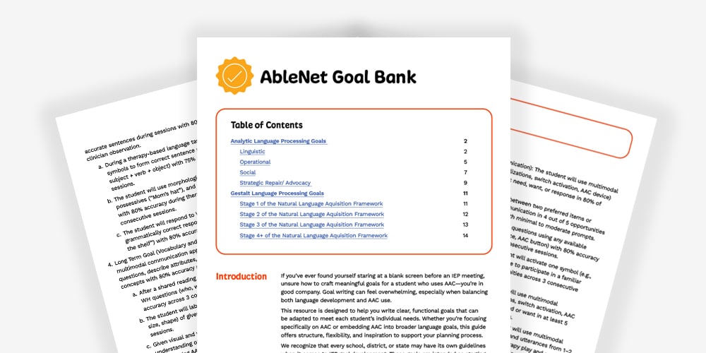 AbleNet Goal Bank document with language processing strategies and frameworks for effective learning.