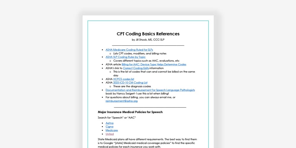 CPT coding basics references for speech language pathology and medical billing information.
