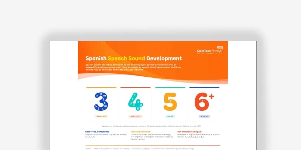 Spanish speech sound development guide for age milestones and speech sound acquisition.