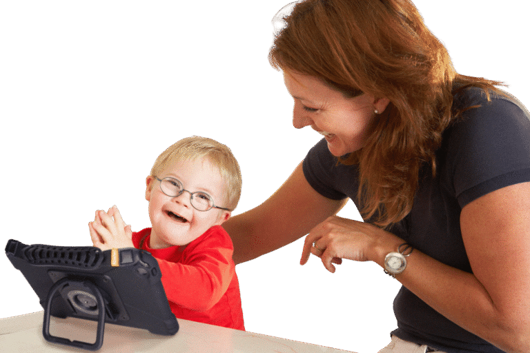 Happy child playing with a tablet and smiling adult, sharing joyful moments together.