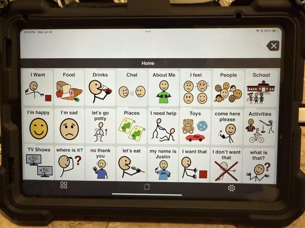 Communication buttons assist with needs, feelings, and social interactions for better engagement.