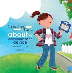 Child enjoying communication device in colorful illustrated scene.