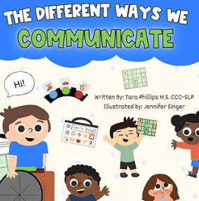 Children exploring communication methods in a colorful illustrated book.