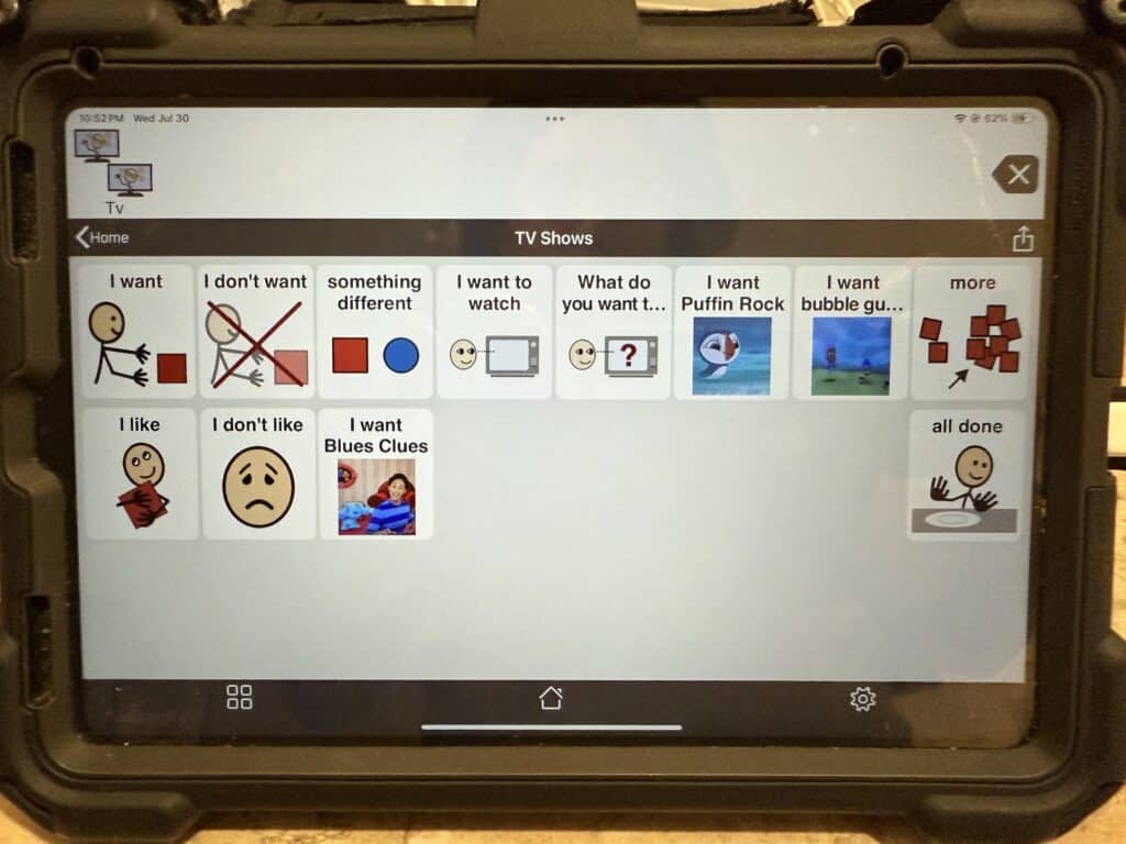TV show selection options displayed on a tablet for childrens viewing preferences.