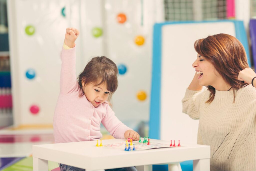 early childhood language assessment with excited child and SLP
