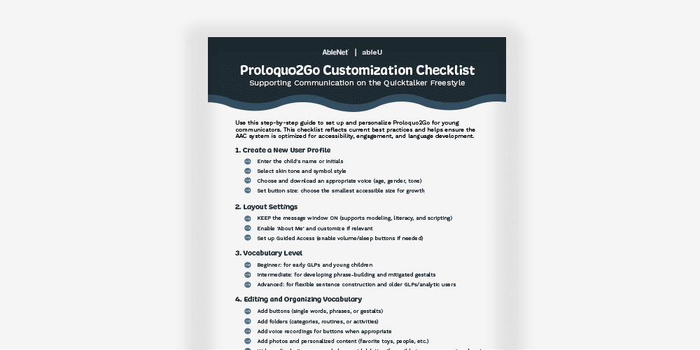Proloquo2Go customization checklist for optimizing communication and engagement in AAC systems.