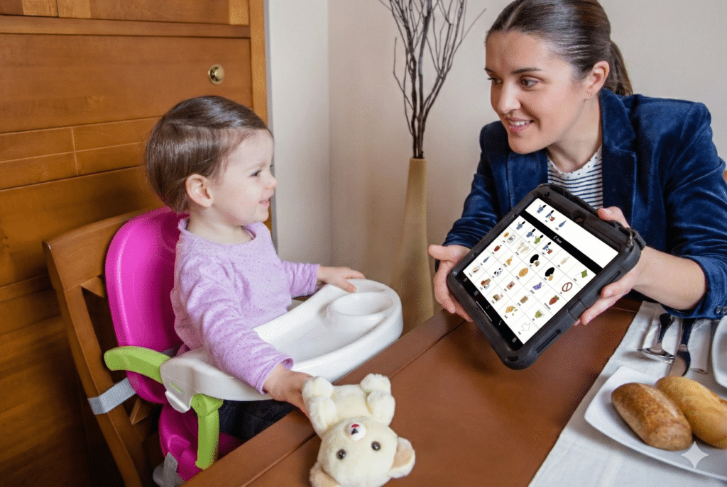 A joyful child engages with a Quicktalker Freestyle AAC device while seated in a high chair.
