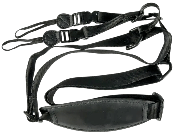Adjustable camera strap with padded support for comfort and versatility in photography.