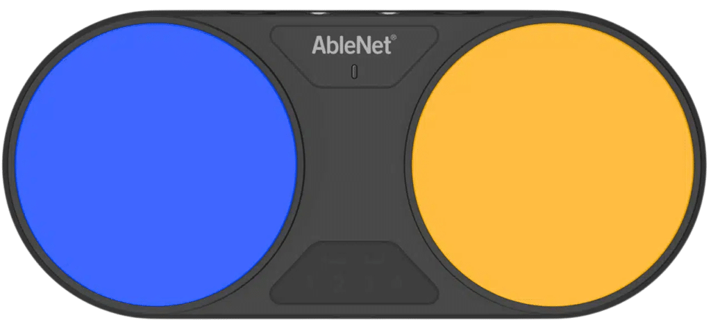 Blue and yellow button controller for accessible communication and interaction.