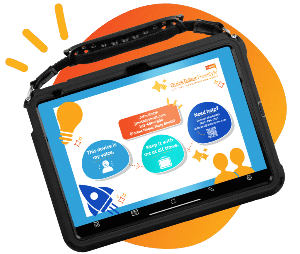QuickTalker device guide with features for communication assistance and user support details.