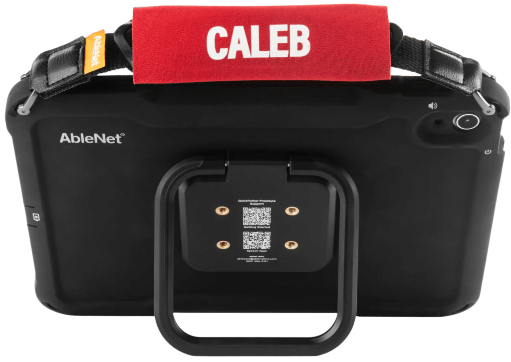 QuickTalker Freestyle black case with handle, designed for communication assistance and mobility.