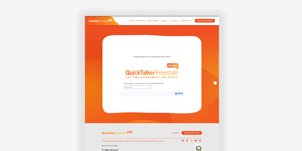 QuickTalker Freestyle homepage inviting users to start conversations using assistive technology.