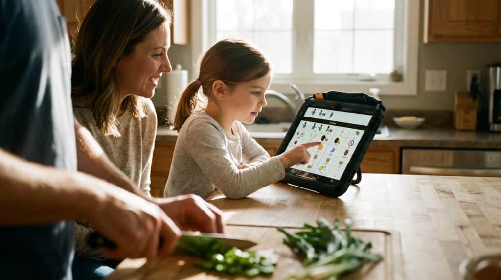 Family cooking together, using a tablet for recipe ideas and communication.