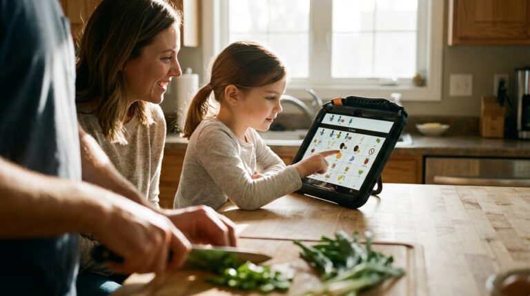 Family cooking together, using a tablet for recipe ideas and communication.