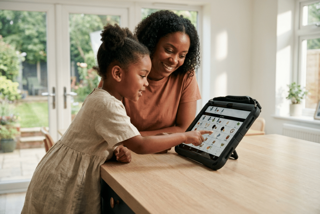 A mother and daughter bonding while using QuickTalker in a sunny kitchen.