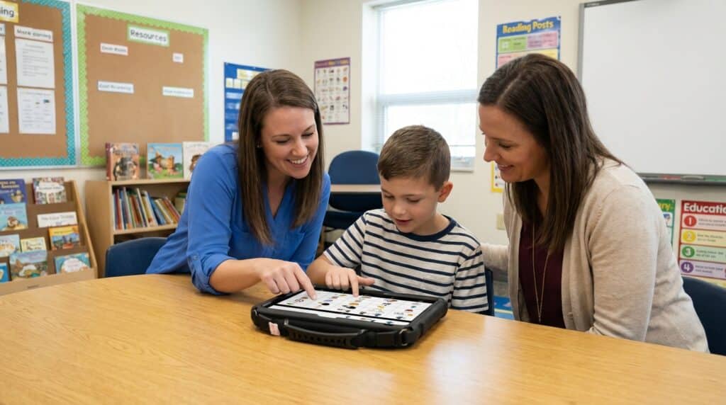 Students learn with AAC devices in an engaging, colorful classroom environment.