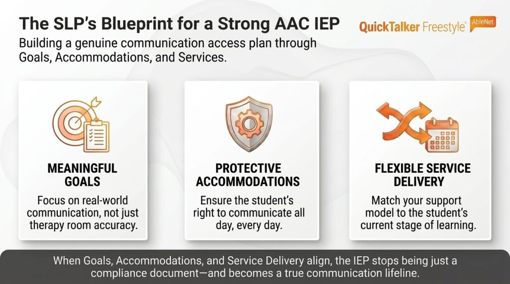 AAC IEP communication plan for meaningful goals, accommodations, and flexible service delivery.