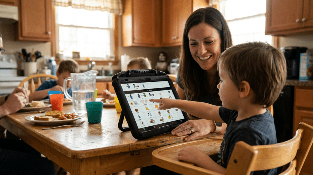 Mother and child enjoy breakfast together using QuickTalker for communication in their kitchen.