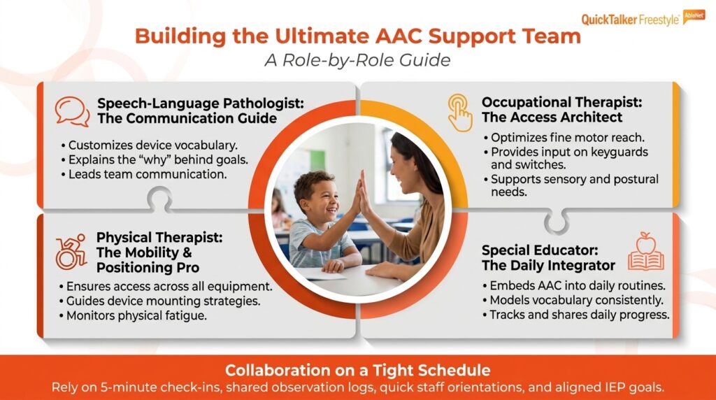 AAC support team guide for speech-language pathologists, occupational and physical therapists, and educators.