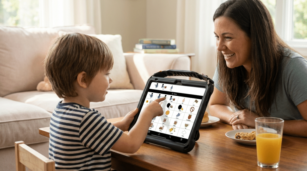 Child using QuickTalker Freestyle while a smiling mother watches attentively.