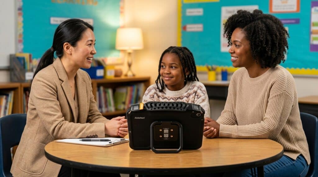 Teacher, student, and parent using technology for effective classroom communication.