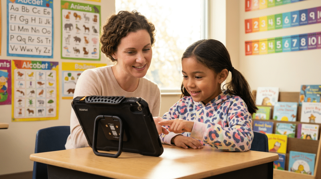 Teacher and student enjoy interactive Quicktalker Freestyle device learning in a vibrant classroom setting.