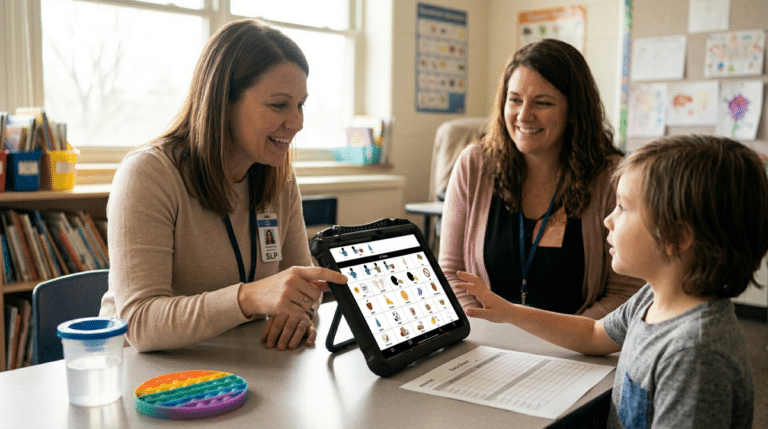 Teachers support a child using a QuickTalker Freestyle for effective communication.
