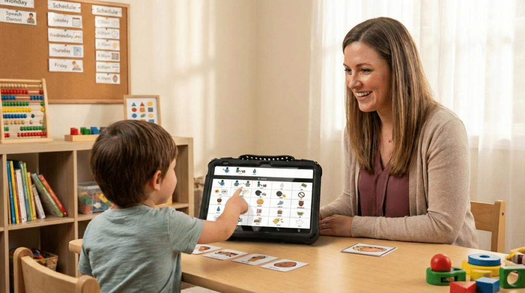 Child learning with QuickTalker Freestyle alongside a teacher in a classroom setting.