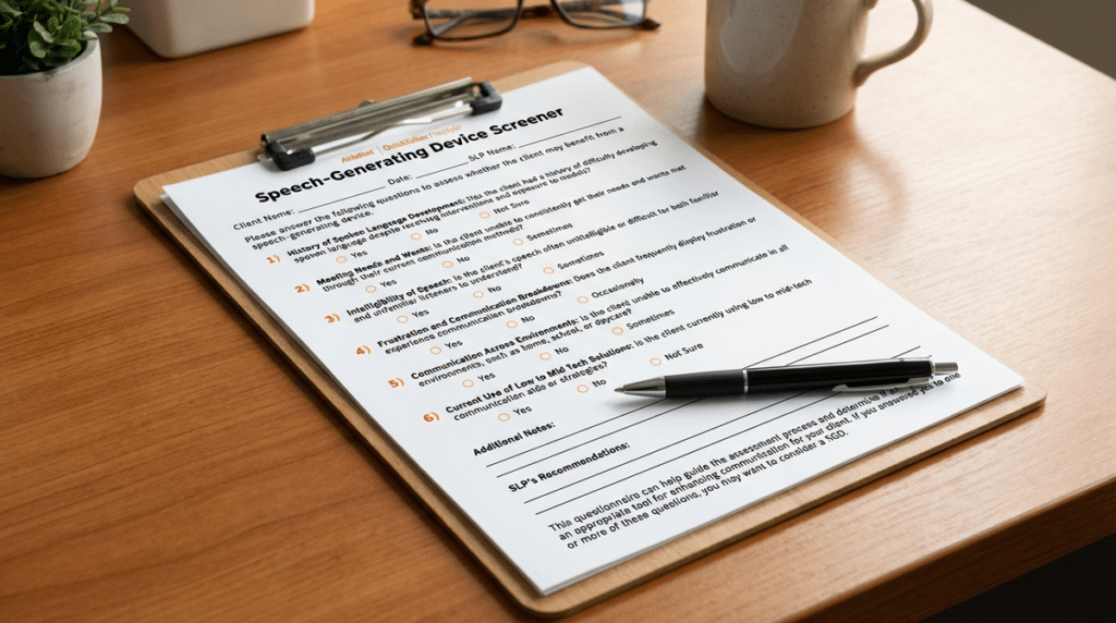 Speech-generating device assessment form on a desk with a pen and coffee mug.